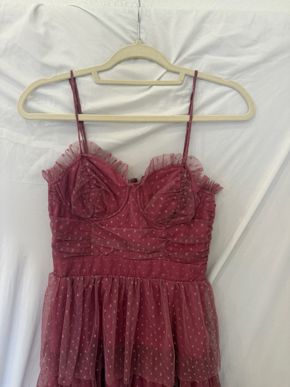 Lulu’s Sweetheart Style Mauve Polka Dot Bustier Tiered Midi Dress sz small - Picture 7 of 10